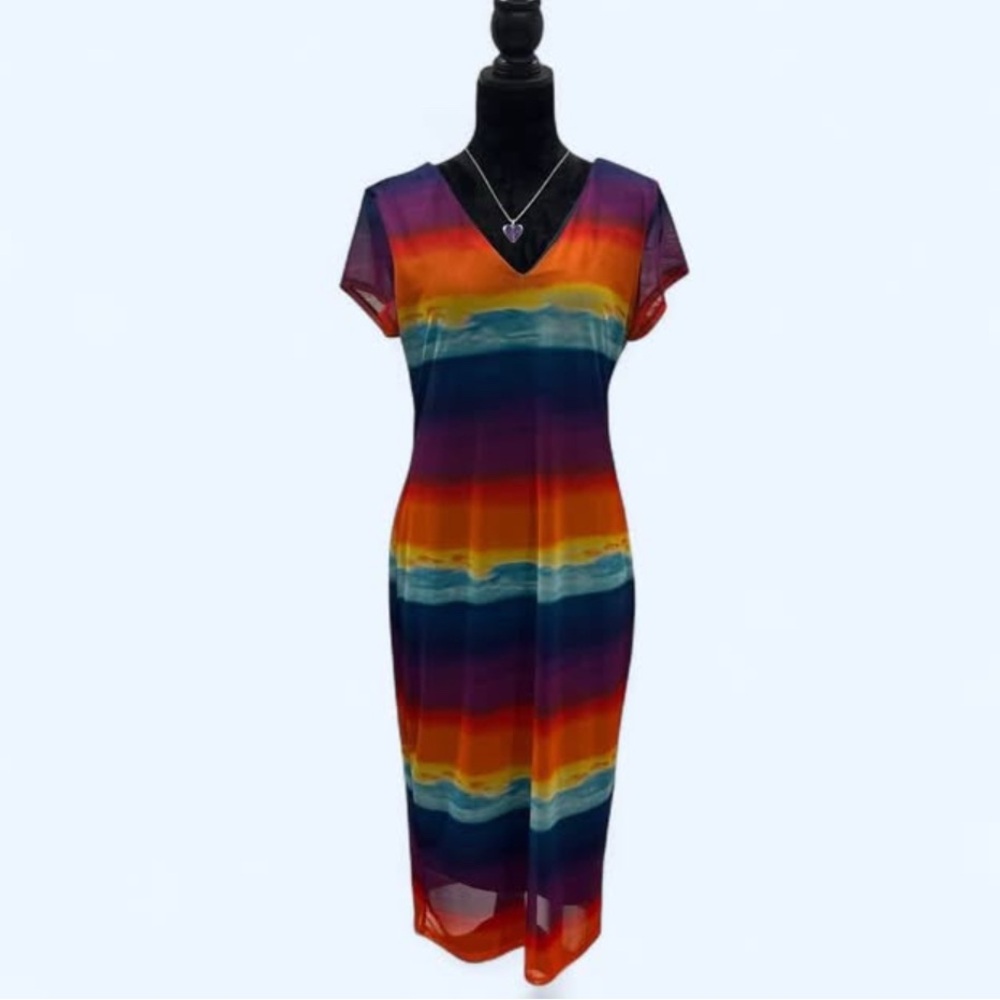Bold Elements Multicolor Striped V-Neck Mesh Dress